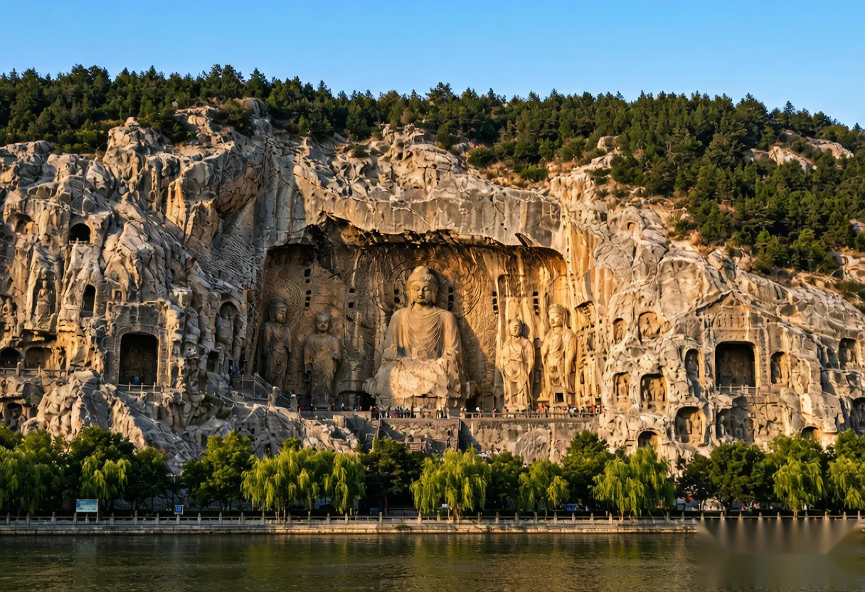 Panoramic view of the Longmen Grottoes along the Yi River at sunset