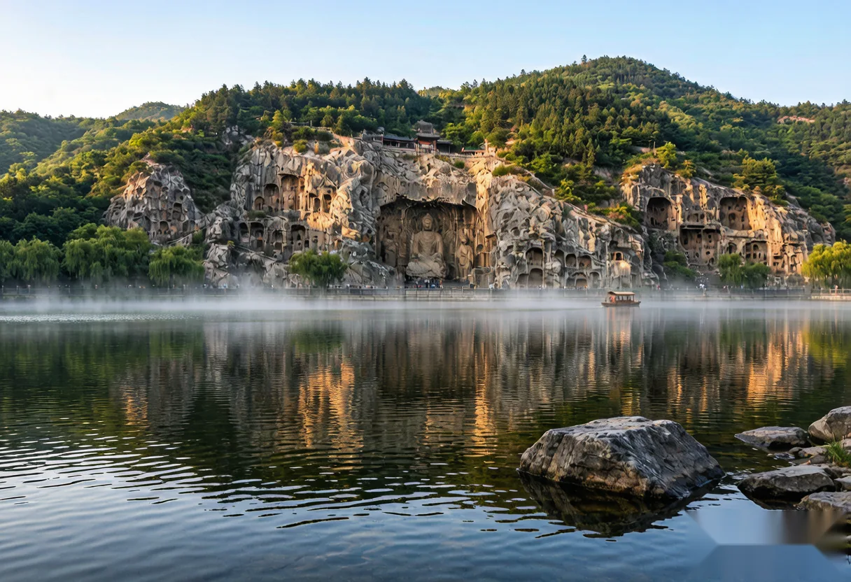 The Longmen Grottoes cliffs and the Yi River at Luoyang