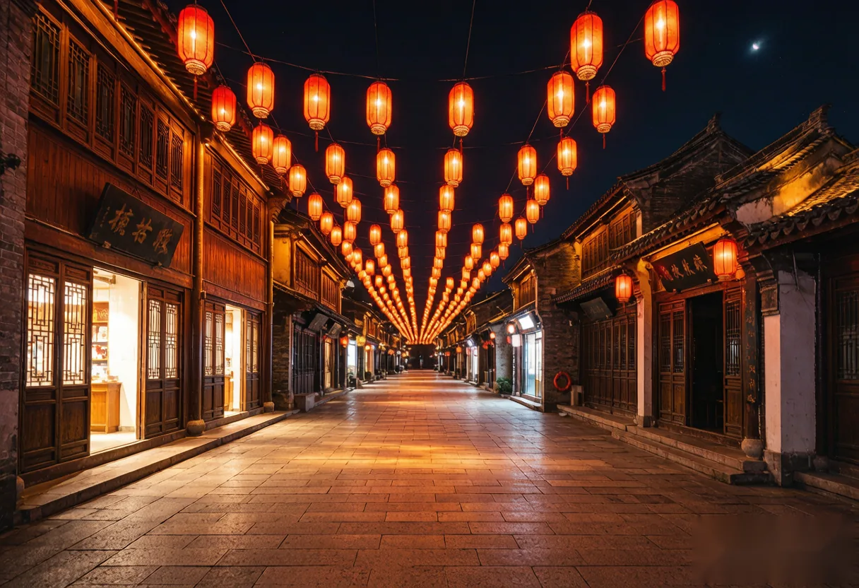 Evening view of Luoyang's old town with lanterns and traditional roofs