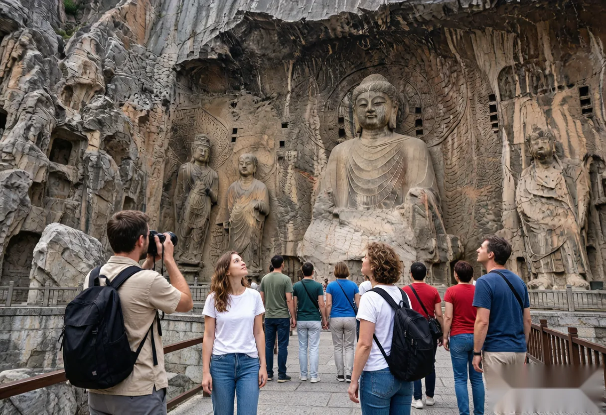 International tourists visiting the Longmen Grottoes near Luoyang