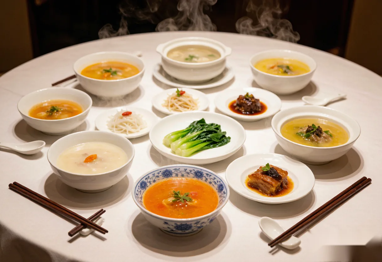 Multiple small bowls of the Luoyang Water Banquet — soupy and braised dishes arranged on a round table