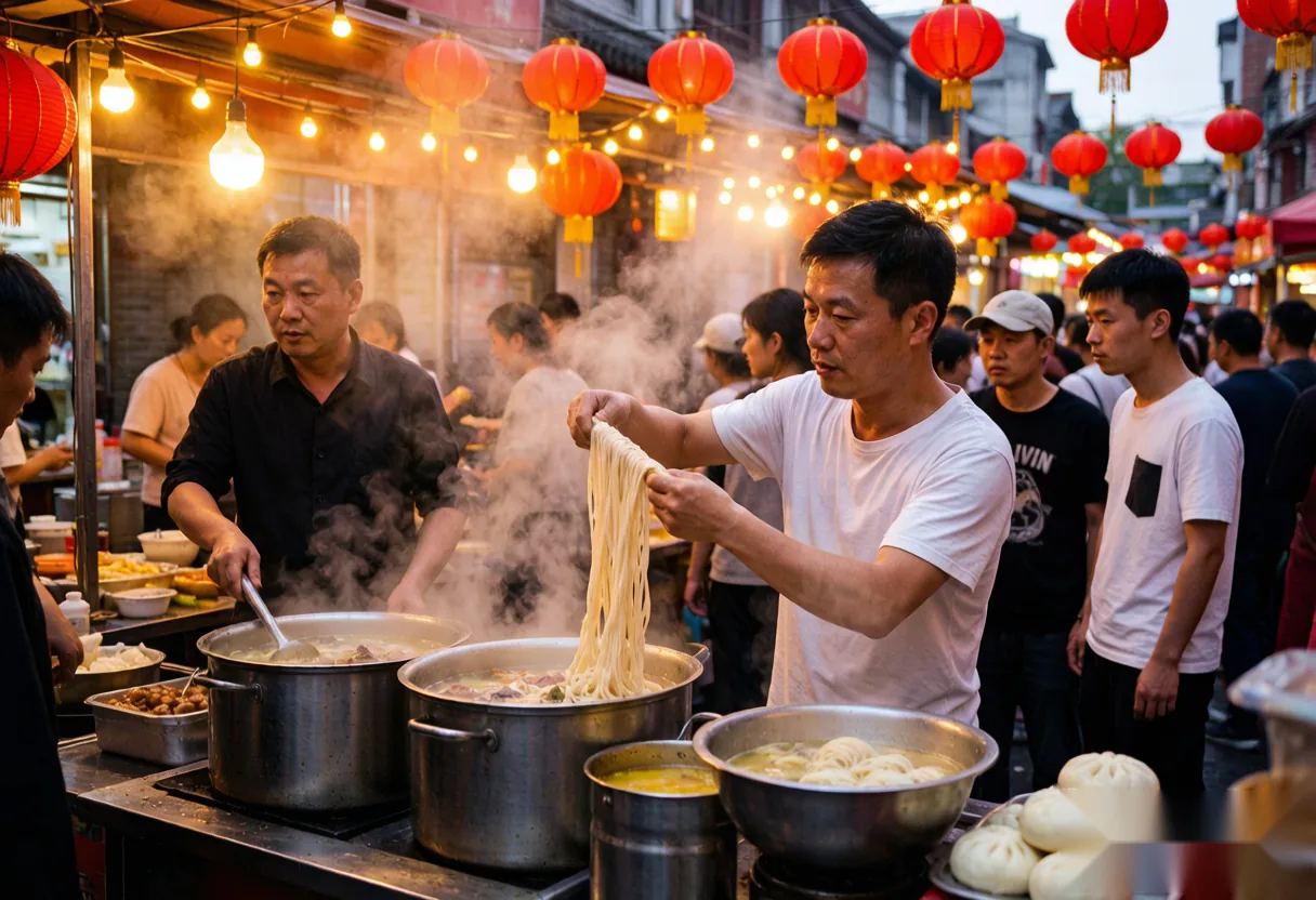 A street-food vendor pulling fresh noodles at a steamy Luoyang night market, with red lanterns overhead