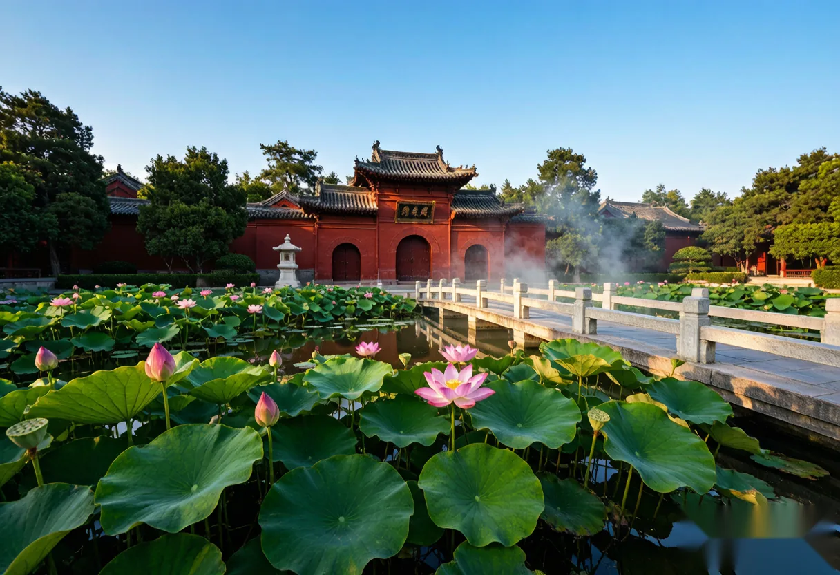 Afternoon light at a Luoyang temple with a lotus pond