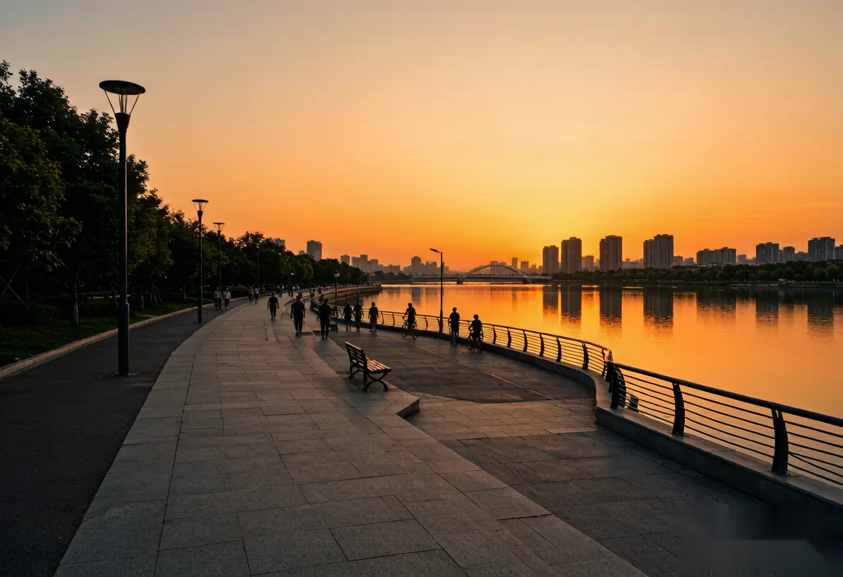 Evening walk along the Luo River in Luoyang with city lights reflecting on the water
