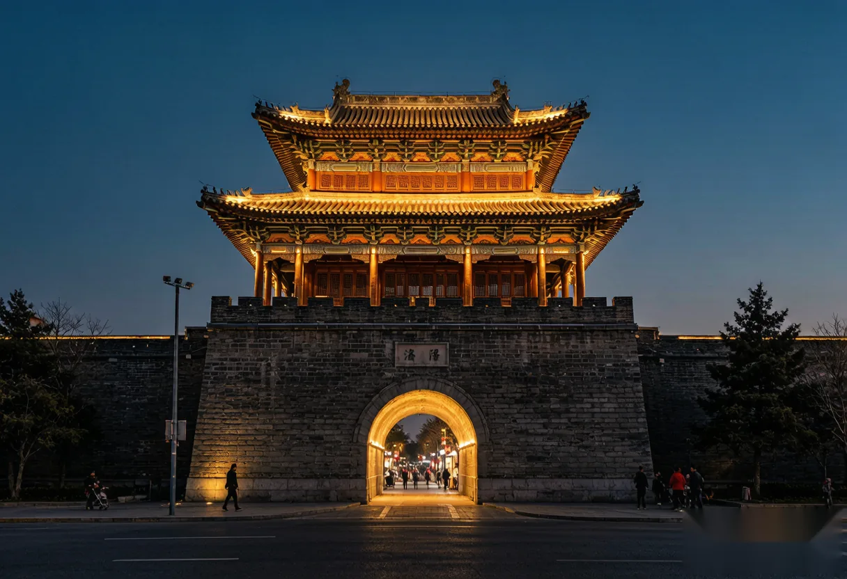 Evening view of the Luoyang old city gate with lanterns