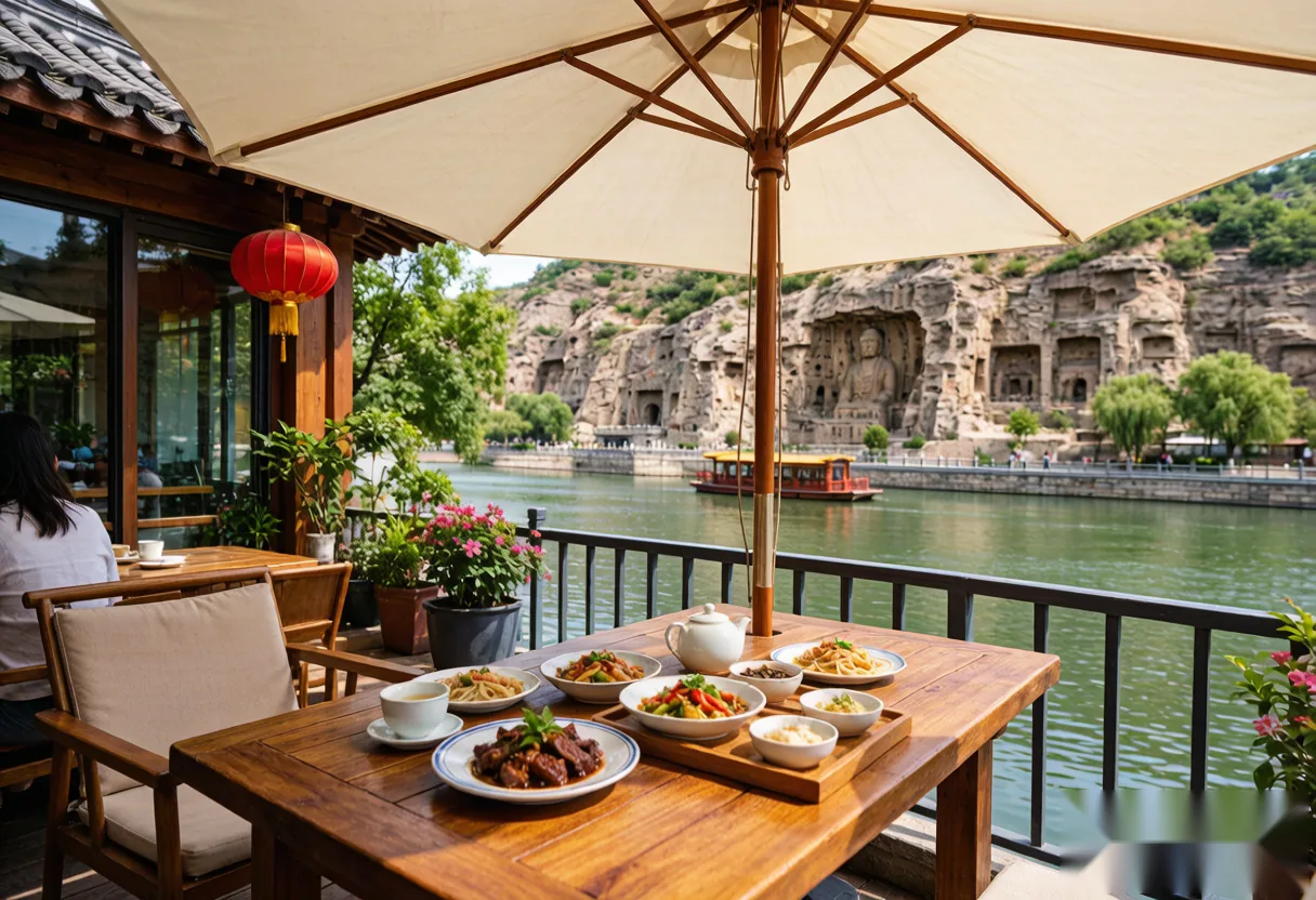A tourist meal served at a riverside restaurant in Luoyang