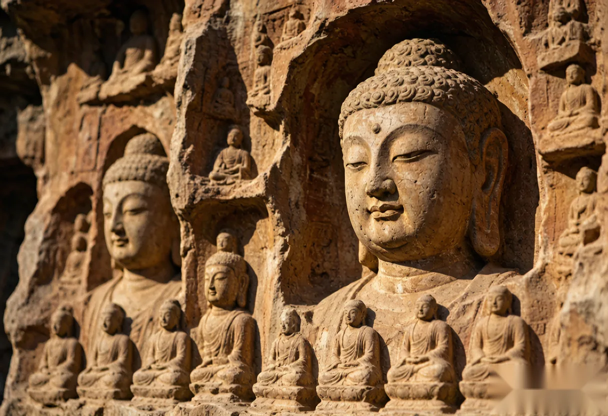 Closeup of a carved Buddha statue face at the Longmen Grottoes, showing weathered detail