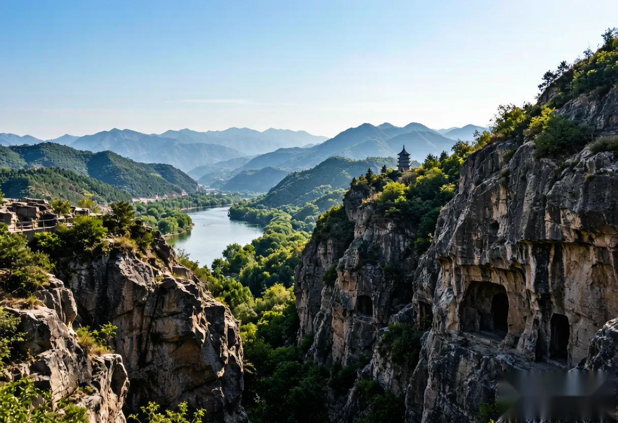 The mountain and cliff environment surrounding the Longmen Grottoes site near Luoyang