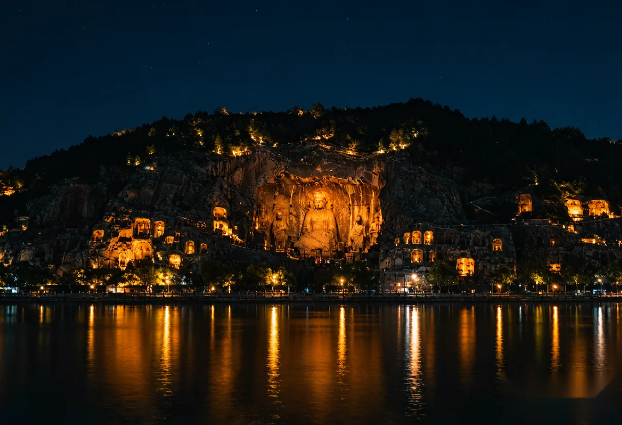 The Longmen Grottoes illuminated at night along the Yi River