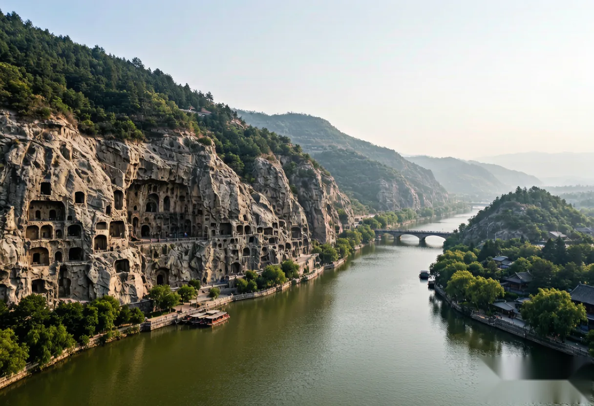Panoramic mountain view of the Longmen Grottoes carved into limestone cliffs