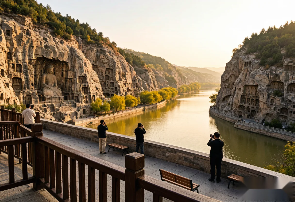 A photography viewpoint at the Longmen Grottoes overlooking the carved cliffs