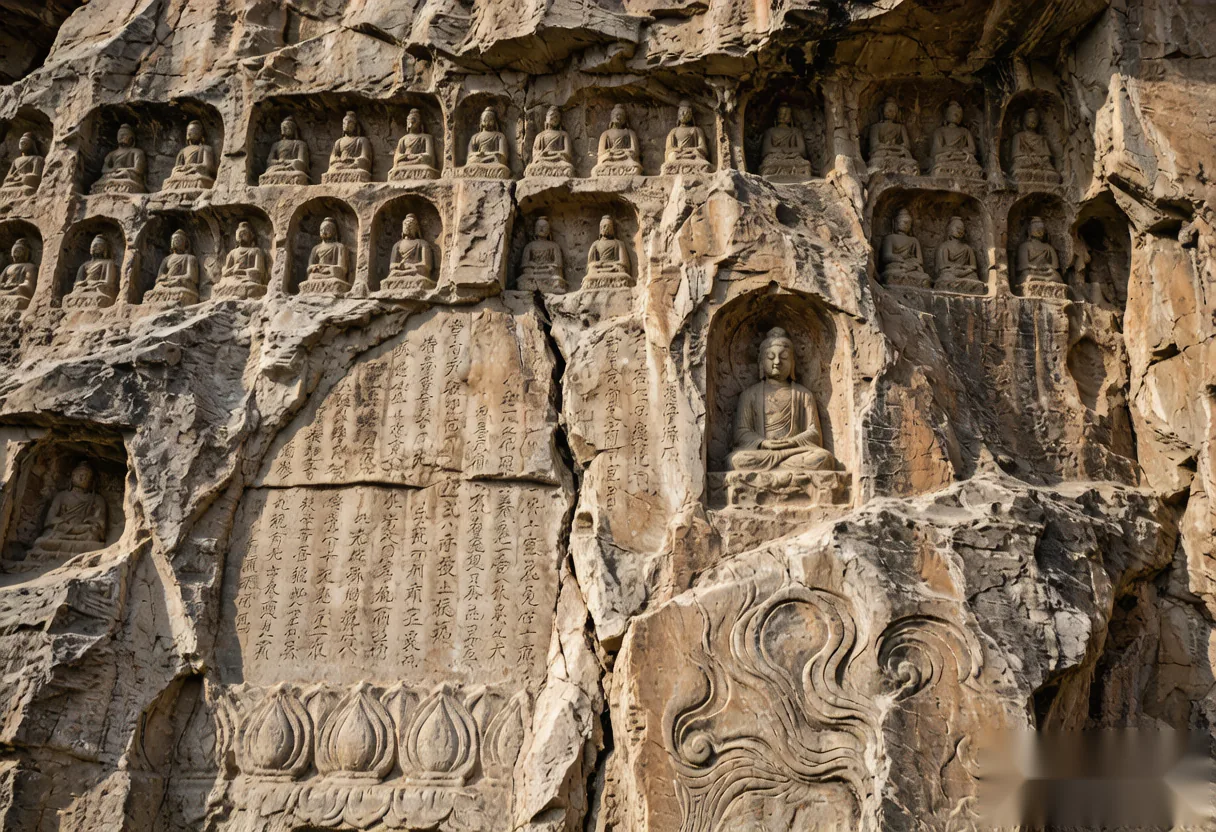 Detail of small stone carvings covering the rock face at the Longmen Grottoes