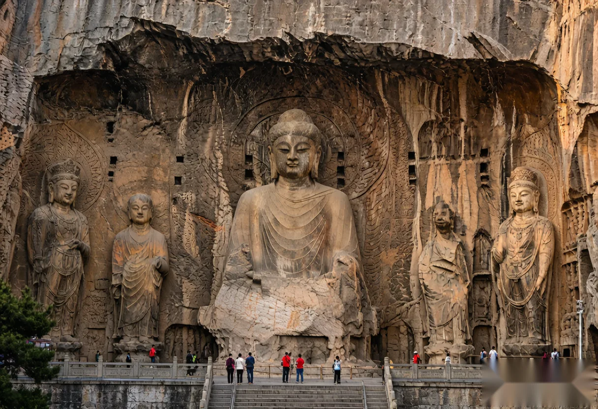 The great Vairocana Buddha statue carved into the cliff face at the Longmen Grottoes