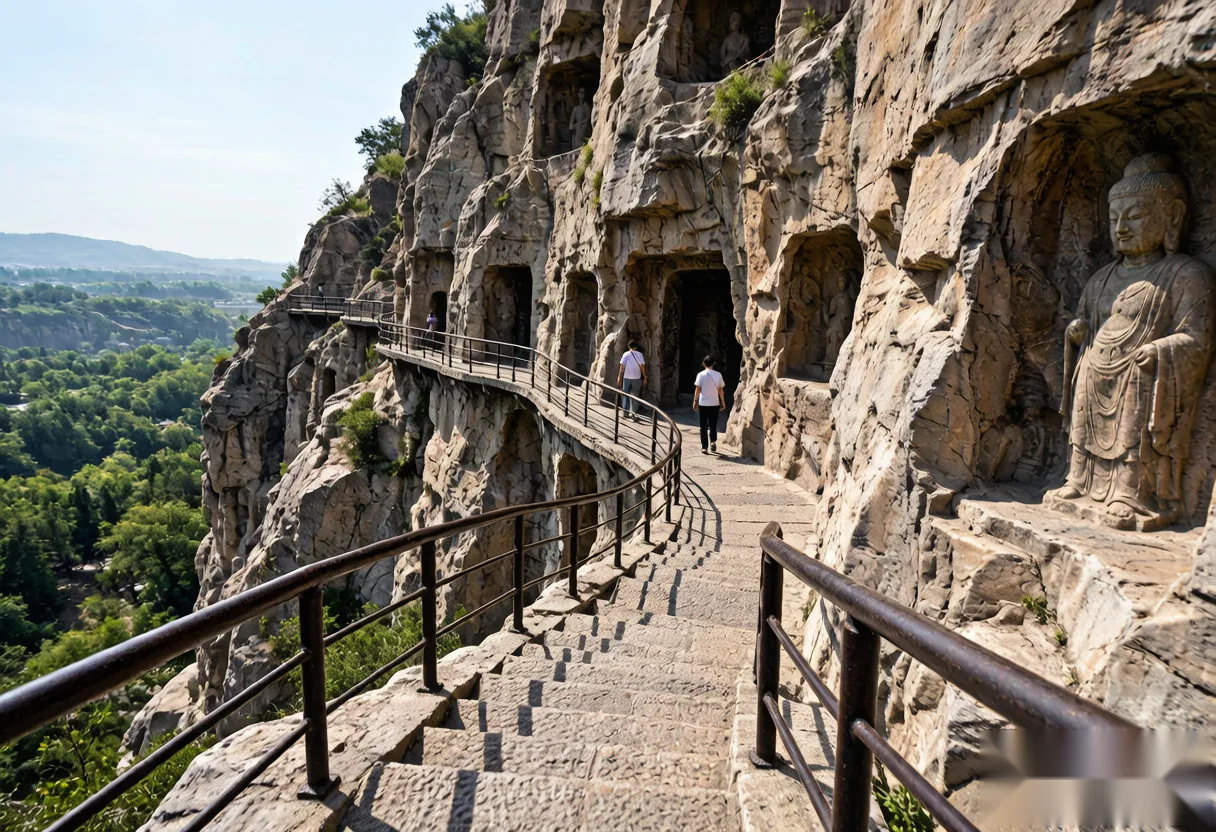 Paved visitor walking path along the Yi River at the base of the Longmen Grottoes cliffs