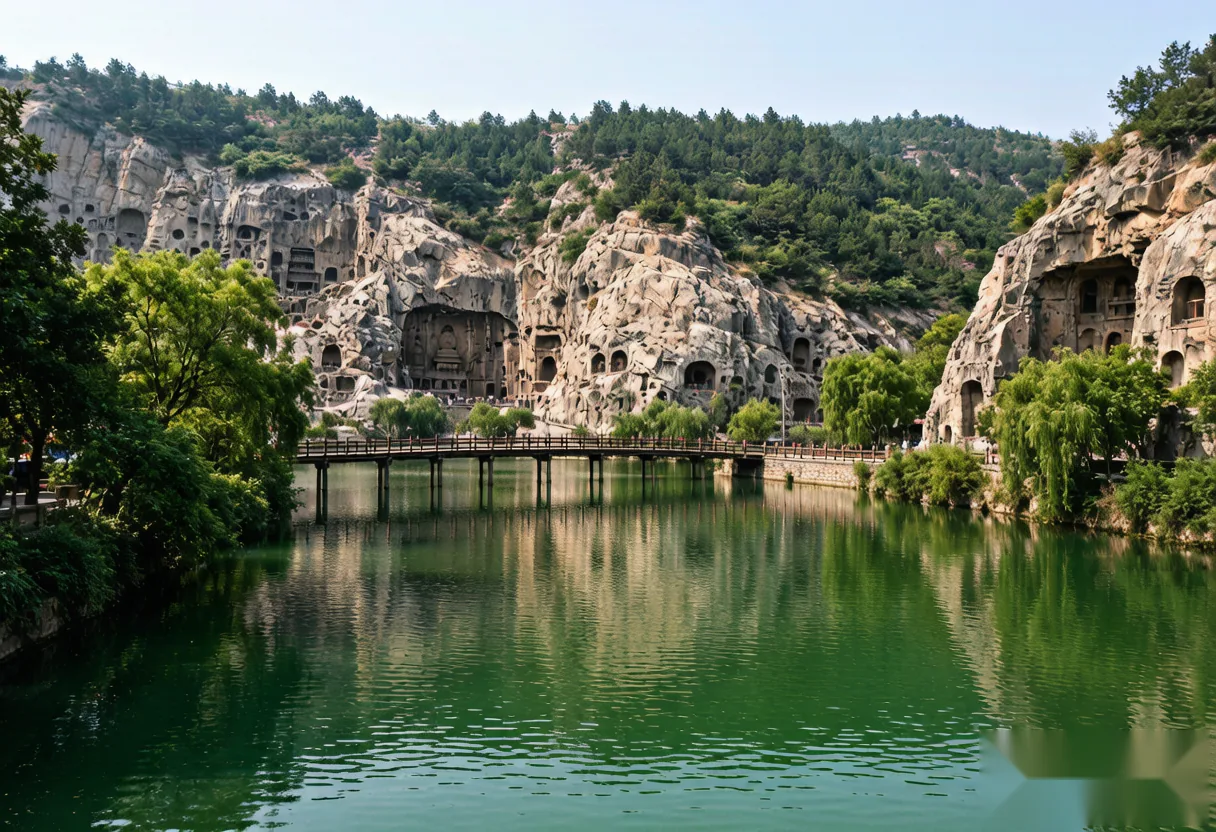 Yi River landscape flowing past the Longmen Grottoes cliffs