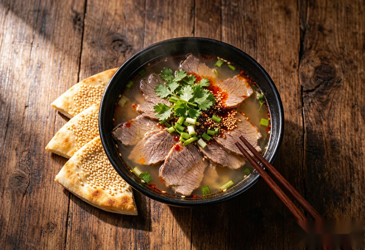 A bowl of Luoyang-style beef soup with noodles, served as a local staple