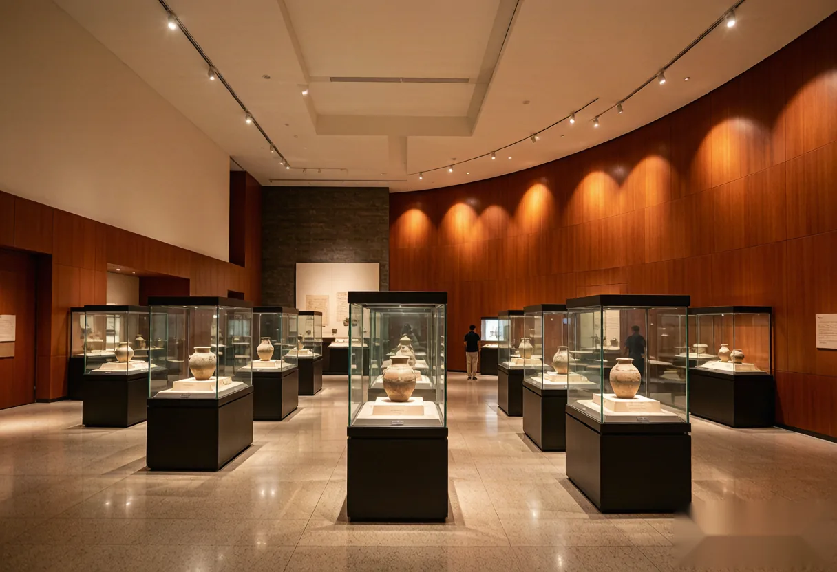 Exhibition hall inside the Luoyang Museum with ceramics and bronze displays