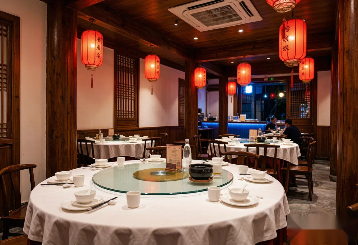 Interior atmosphere of a Luoyang restaurant with traditional decor