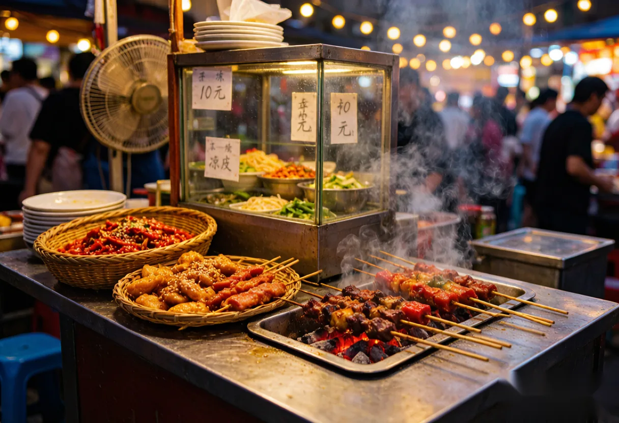 A street food stall in Luoyang's old town with snacks on display