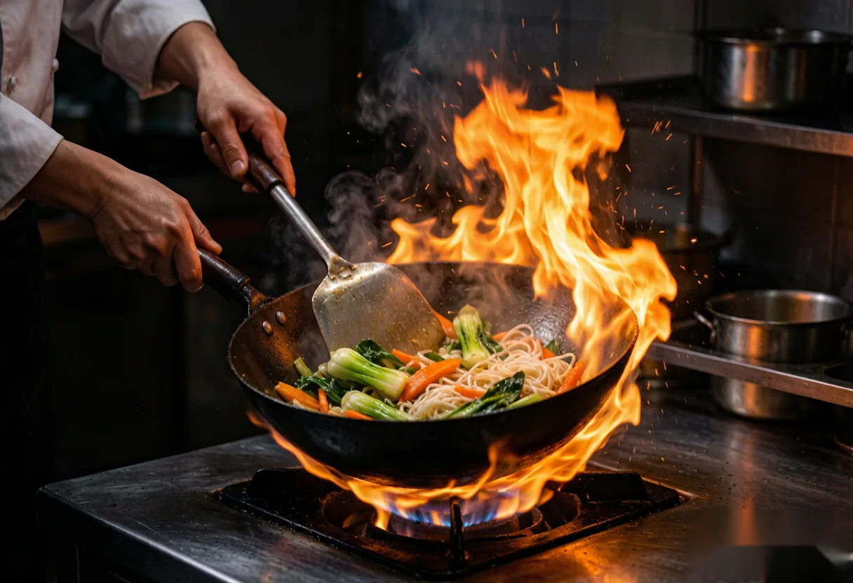 A chef cooking with a wok, flames rising, in a Luoyang kitchen
