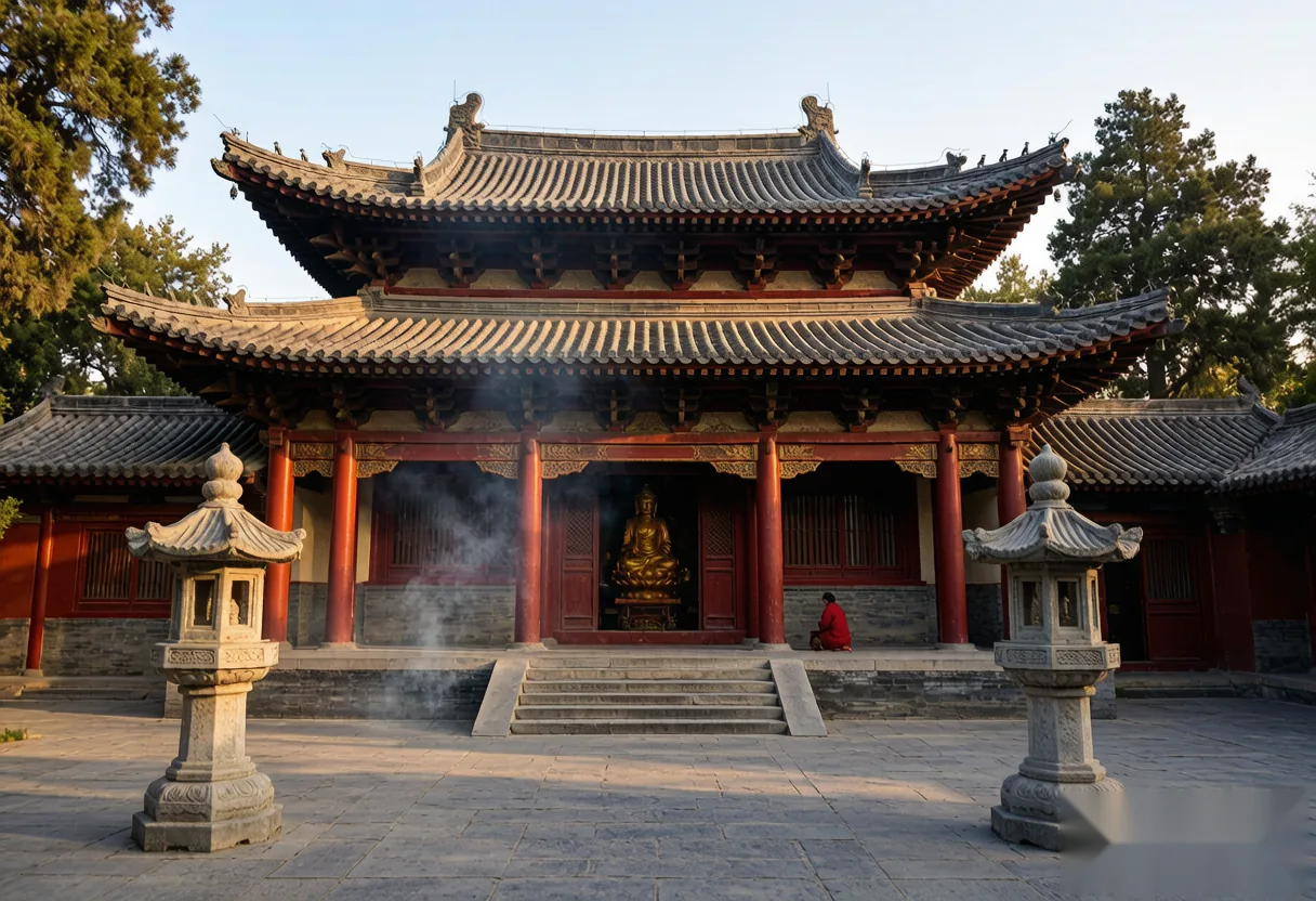 Ancient temple hall with traditional Chinese roof architecture inside White Horse Temple