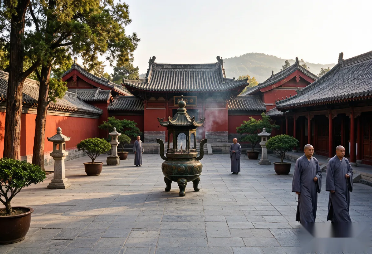 Quiet courtyard inside White Horse Temple with traditional architecture